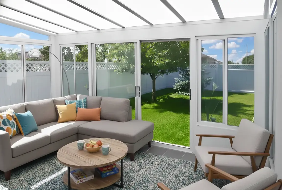 A bright 3-Season Vinyl Sunroom interior featuring white-framed glass walls and a translucent sloped acrylic roof.