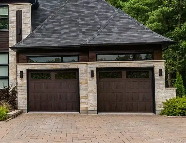 Two dark brown, carriage-style garage doors with small top windows set into a light stone facade with a brick driveway.