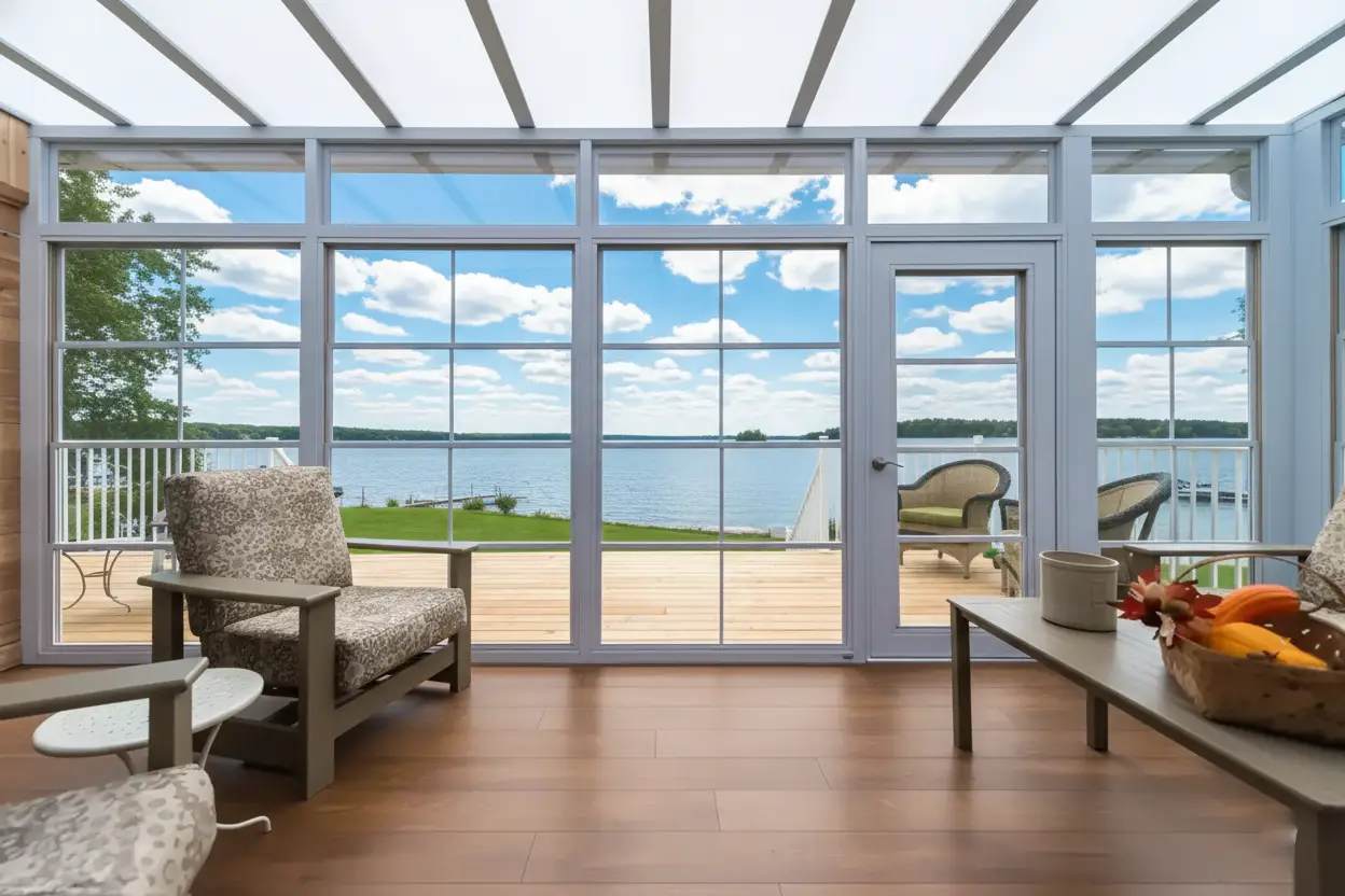 Interior of a white-framed Model 200 sunroom featuring floor-to-ceiling windows and a glass door overlooking a lake.